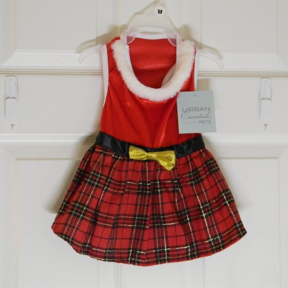 Urban Essentials Pets Christmas Dog Dress Plaid Skirt Holiday Red Gold NWT - Picture 1 of 4